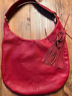 Hobo Red Pebbled Leather Tassel Hobo Shoulder Bag